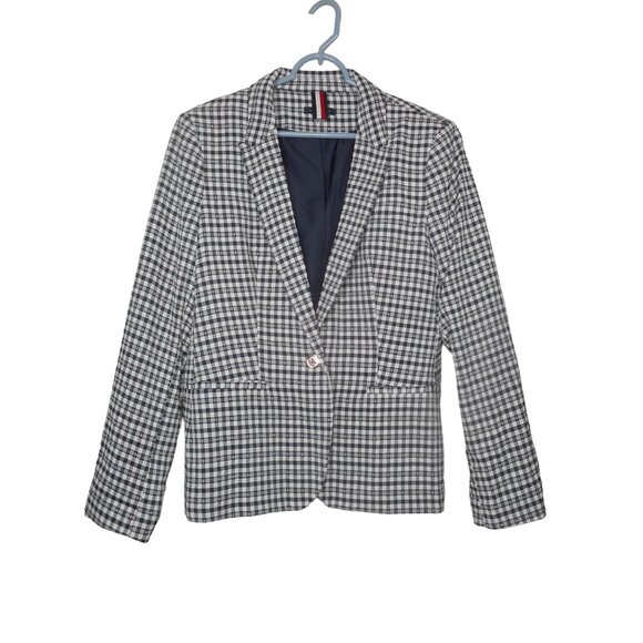 Tommy Hilfiger Jackets & Blazers - Tommy Hilfiger Womens Blue White Plaid Blazer Elbow Patches Lined Size 14 NWOT